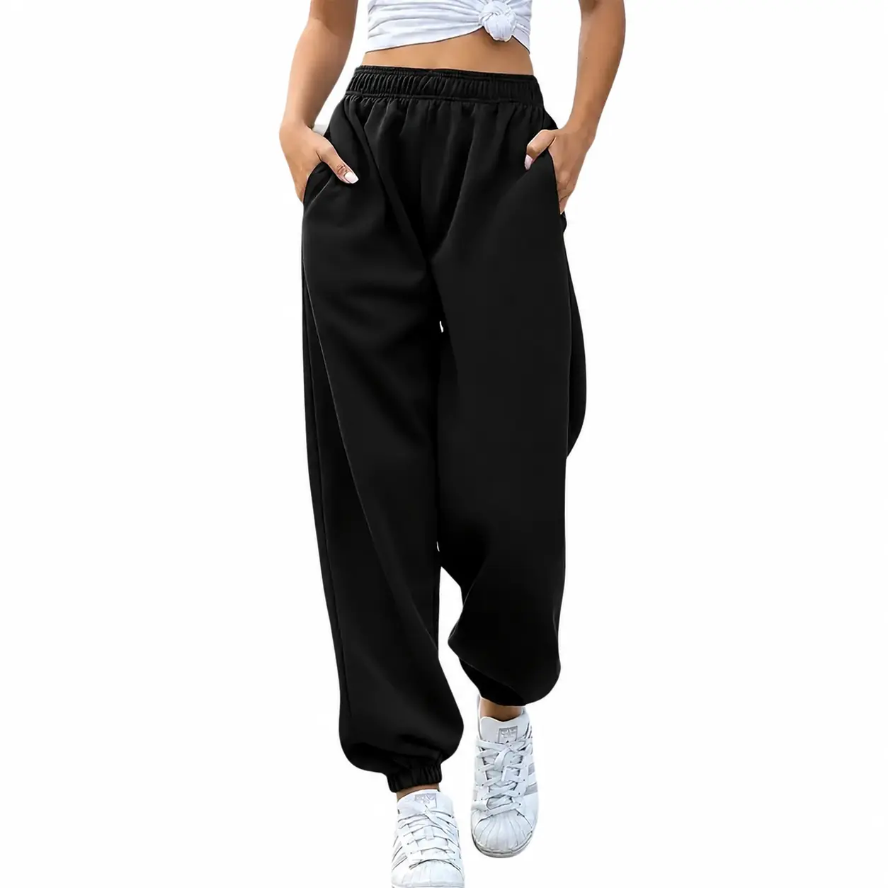 Black Waist Pocket Jogger Pants - Full Length, Ribbed Ankles, Soft Polyester, Tapered Elastic Waist Trousers, Multi-Size (0-5XL) Athleisure Bottoms for Fall & Winter Sports & Casual Wear, Black Sweatpants, Unisex
