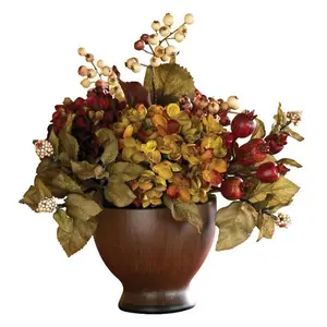 NEARLY NATURAL 12-in Classic Chestnut Artificial Autumn Hydrangea Flower with Round Vase, Rich Foliage Decorative Table Centerpiece for Home Table Decor