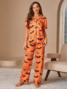 2-Piece Women's Pajama Set with Cardigan, Halloween Print Short Sleeve Shirt and Long Pants, Fashionable Homewear for Ladies