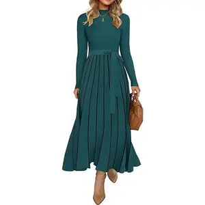 ZESICA Women’s Ribbed Turtleneck Dress – Long Sleeve Knit Sweater Midi with Belted Waist, Elegant Office & Autumn Casual Outfit