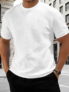Men's Spring Summer Textured Fabric Solid Color Short Sleeve Round Neck T-Shirt, Casual Minimalist Loose Knit Top, Perfect for Fashion Outdoor Sports & Daily Wear, Menswear