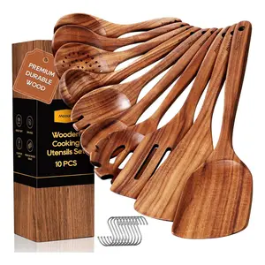Spoons for Cooking, 10PCS Teak Wood Cookware Utensil Set with Hooks - Smooth Finish, Non-Stick, Comfortable Grip, Heat Resistant Kitchen Utensils