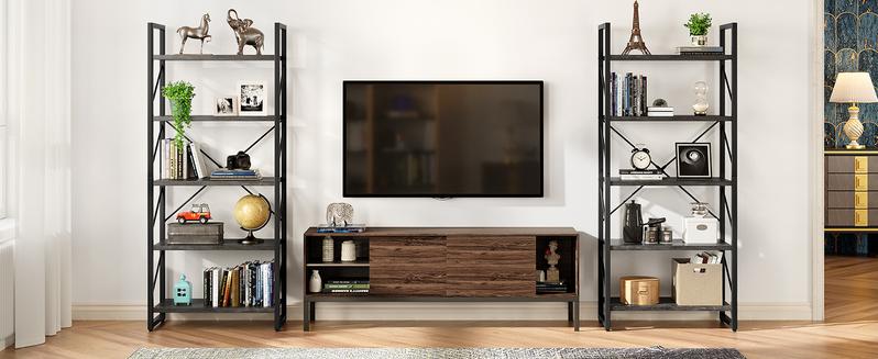 DWVO 5 Tiers Bookshelf, Industrial Artsy Grey Bookcase Bookshelves, Book Rack, Storage Rack Shelves Books Holder Organizer for Books Movies in Living Room Home Office, Charcoal Gray + Black