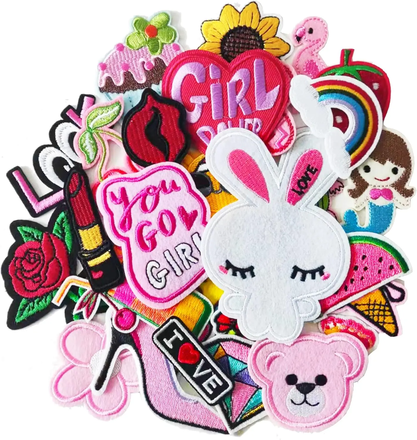 30pcs High-Quality Embroidered Iron-On & Sew-On Appliques - Embroidery Design Set with Cute Designs, Flowers Animals & Hot Melt Back, Girls' Sewing Craft Supplies for Jeans, Jacket Decoration
