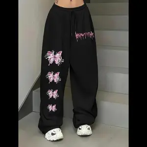 Unisex Butterfly Print Drawstring Waist Sweatpants, Casual Loose Jogger Pants for Daily Wear, Unisex Bottoms for All Seasons, Women