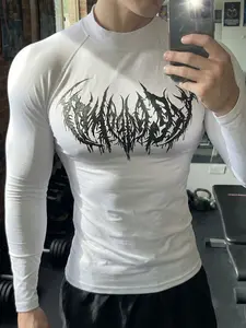 Men's Quick Dry Compression Gym T-Shirt, High Neck Long Sleeve Performance Training Shirt with Stylish Graphic Print, Moisture Wicking Stretch Athletic Top for Gym Workouts, Fitness Training, Running & All Season Active Wear, Athletic Style Activewear