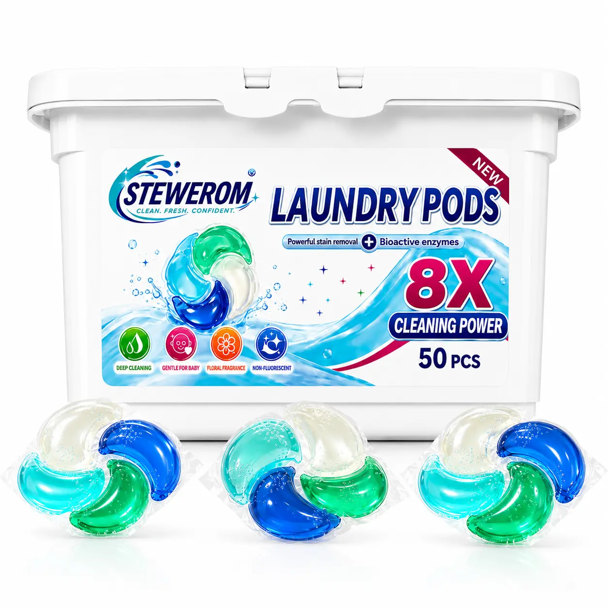STEWEROM Laundry Pods 50 Count, Scented 4-Chamber Detergent Pods, Fast-Dissolving Laundry Capsules with Bioactive Enzymes, Floral Fragrance, Easy Toss & Wash for Everyday Laundry