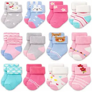 Unisex Newborn Socks - 0-6 Months, 6-12 Months Elastic, Soft Comfy Knit Terry Turn Cuffs Socks with Animal Designs for Infants, Baby Items, Newborn Baby Stuff