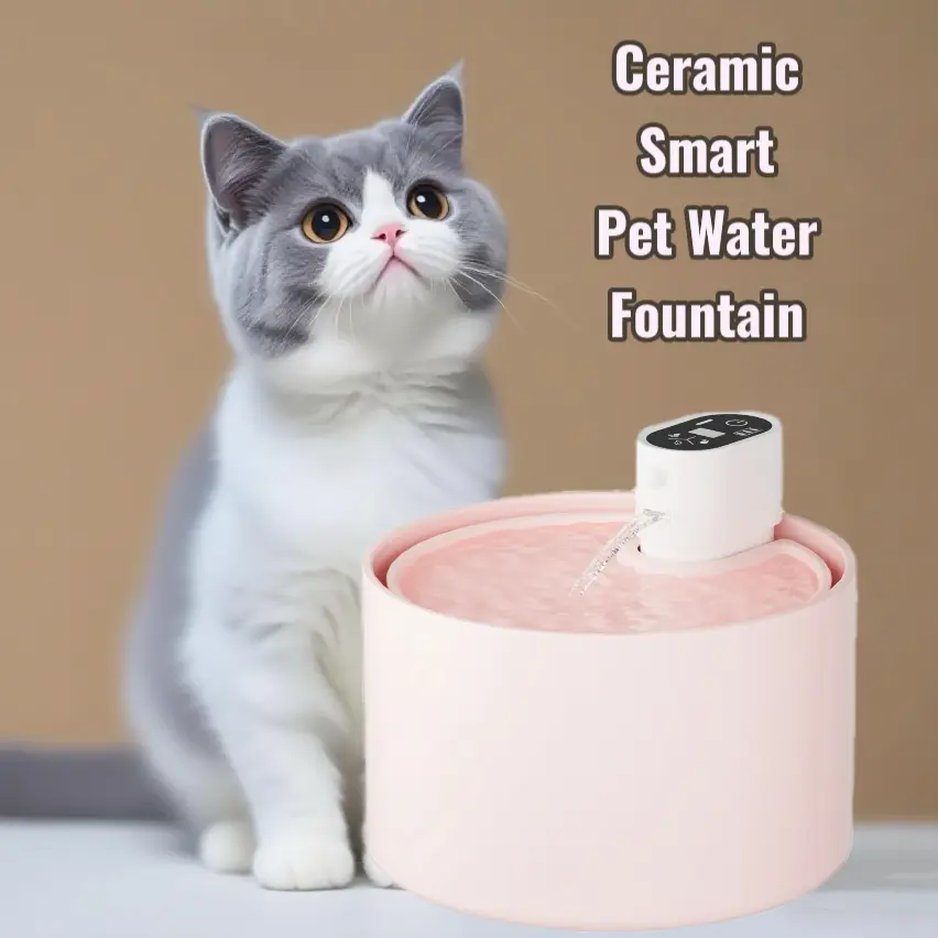 Girly Pink Ceramic Smart Pet Water Fountain - 2.3L, Ultra-Quiet, 9-Level Optional Winter Heating, 4-Stage Filtration, 4000mAh Long-Lasting Battery, 60-Day Wireless Use, Self-Cleaning, Dishwasher-Safe for Indoor Cats & Dogs