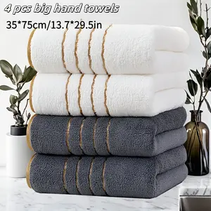 4 large 35*75cm/13.7*29.5inch gold striped coral fleece towels, various colors, suitable for bathroom, shower room, hotel, gym for Christmas and holidays, hotel supplies, elegant towel design, quick-drying fabric, face towel, Super Absorbent Towel