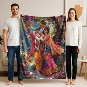 1 piece The Mythical Love of Krishna and Radha themed flannel blanket - Flannel weaving craft blanket, modern style, suitable for sofas and beds, all-season use, super soft and warm, digital print design, 100% polyester material, machine washable
