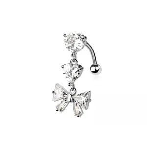 CZ Crystal Dangling Hearts and Bow Ribbon Reverse Belly Button Ring - 316L Stainless Steel