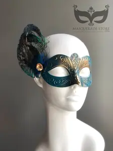 The Muse Teal Gold Mask - Peacock Feathers