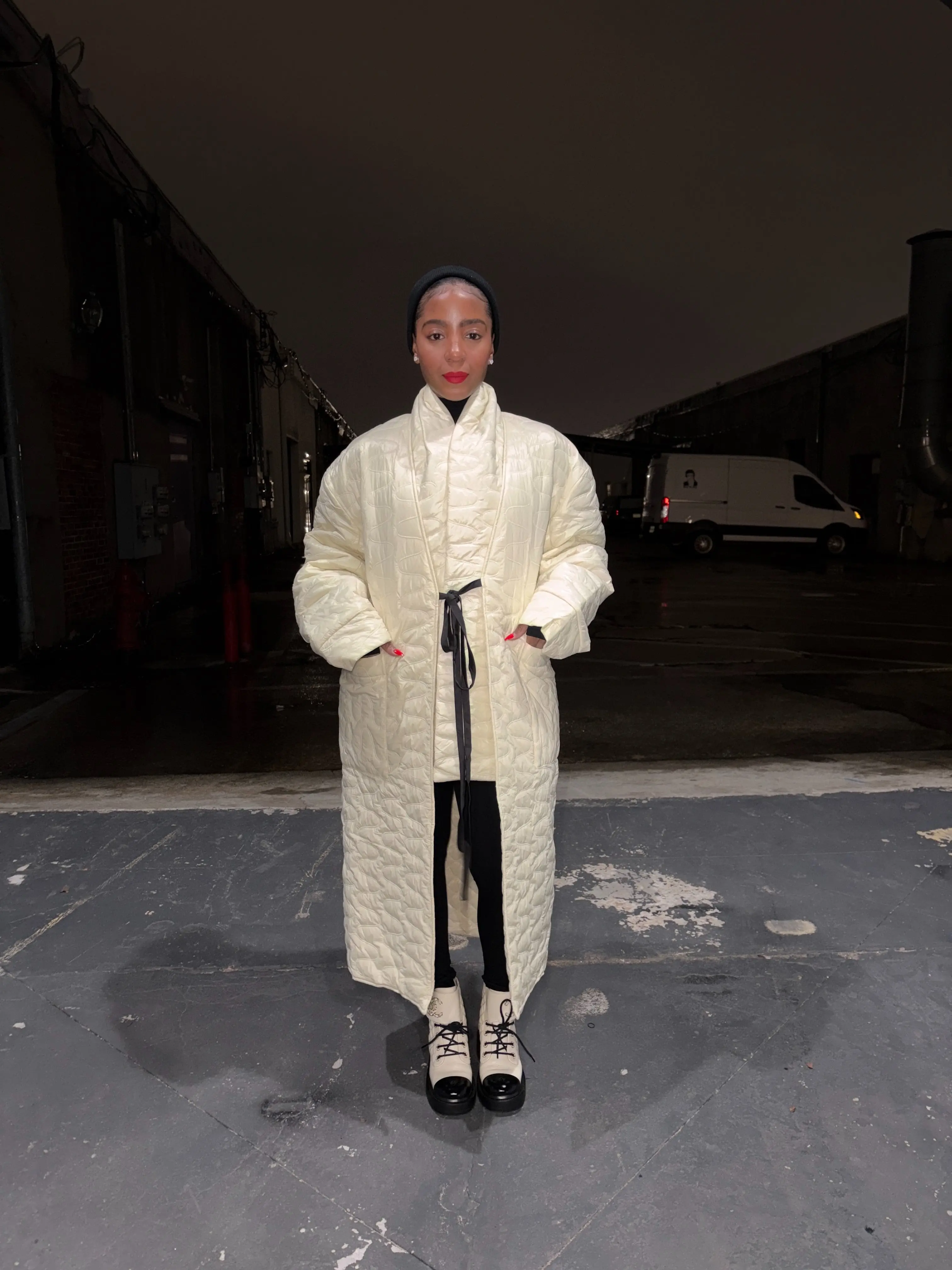 Quilted kimono coat with scarf