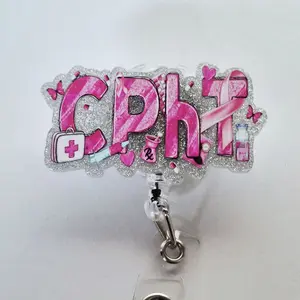 CPHT Certified Pharmacy Technician with Pink Ribbon for Breast Cancer Awareness Glitter Acrylic Retractable Badge ID Reel Belt or Alligator Clip