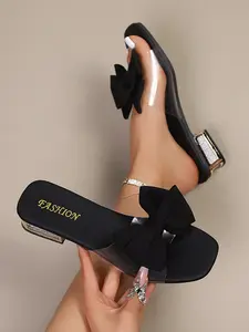 Women's Summer New Square Toe Chunky Heel Sandals, Beautiful Large Bowknot Decoration, Fashion Rhinestone Thick Sole, Slip-On Comfortable, Perfect for Daily & Vacation Wear, Thick Soled Sandals, Bowknot Design Sandals