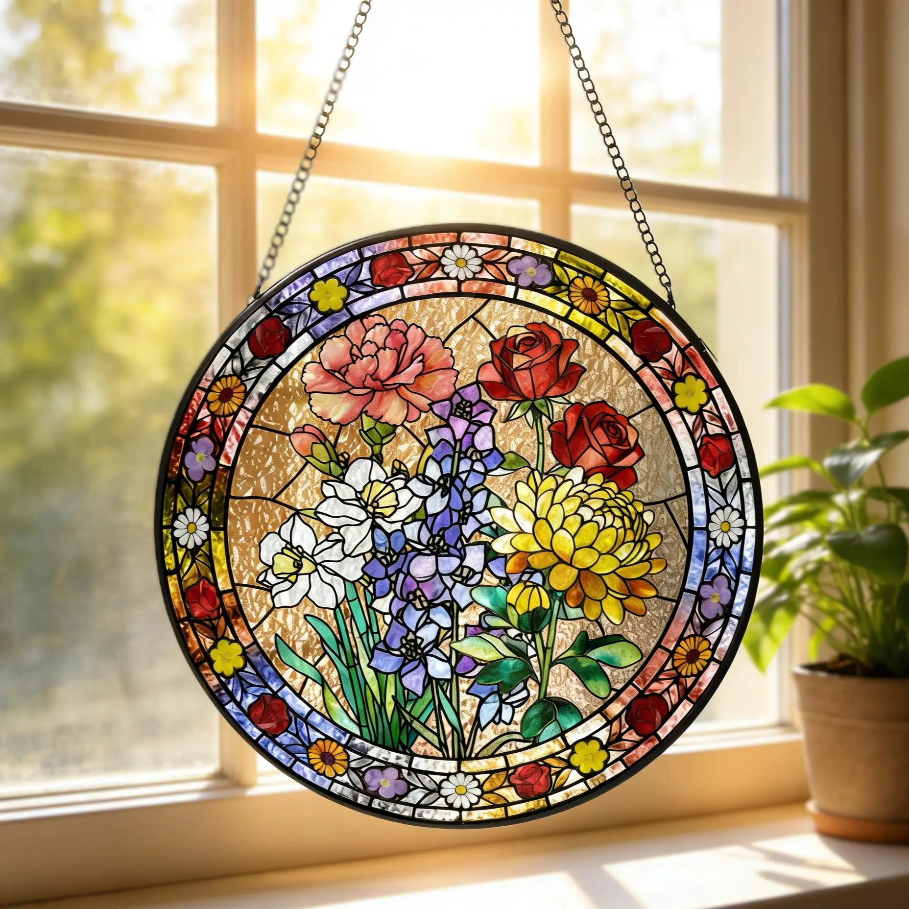Floral Stained Glass Suncatcher – Vintage Round Window Hanging Decor