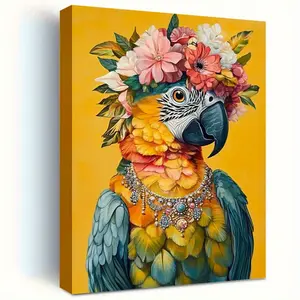 1 Piece Modern Minimalist Parrot Canvas Wall Art - Elegant Tropical Bird Ornament with Crown and Jewelry, Bright Yellow Background - Vertical Wrapped Canvas Poster, Suitable for Living Room, Bedroom, Office, Bathroom - Comes with Easy Hook - Luxury Home D