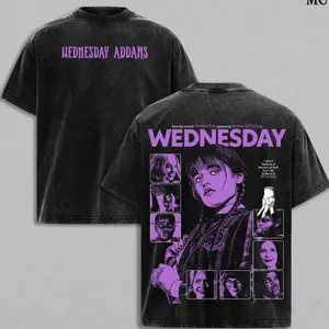 Wednesday - The Return of Addams Washed Tee, Oversized Heavyweight Cotton, Double Sided Gothic School Graphic, Netflixz Series Shirt for Fans LI0