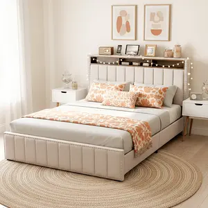 Upholstered Bed Frame with 4 Drawers, Platform Bed Frame with Storage Headboard, Built in Charging Station, No Box Spring Needed, Solid Wood Slats