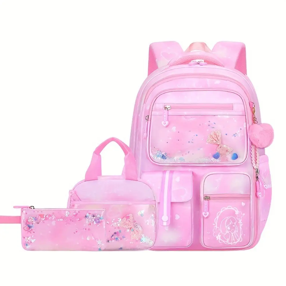 3Pcs 17.7 Inch Fridge Door Design Backpack Set for Teen Girls Women, Pink Glitter Quicksand Print Large Capacity Multi-Layer School Backpack with Insulated Lunch Bag and Pencil Pouch, Water Resistant Cute Casual Daypack with Fluffy Pom Pom Charm for Schoo