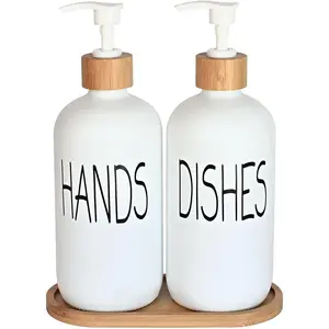 Glass Soap Dispenser Set - Hand Soap and Dish Soap Dispenser with Bamboo Tray. Vintage Soap Dispenser with Pump for KitchenKitchen Drain Outlet and Bathroom. Stylish Permanent Labels (Matte White)