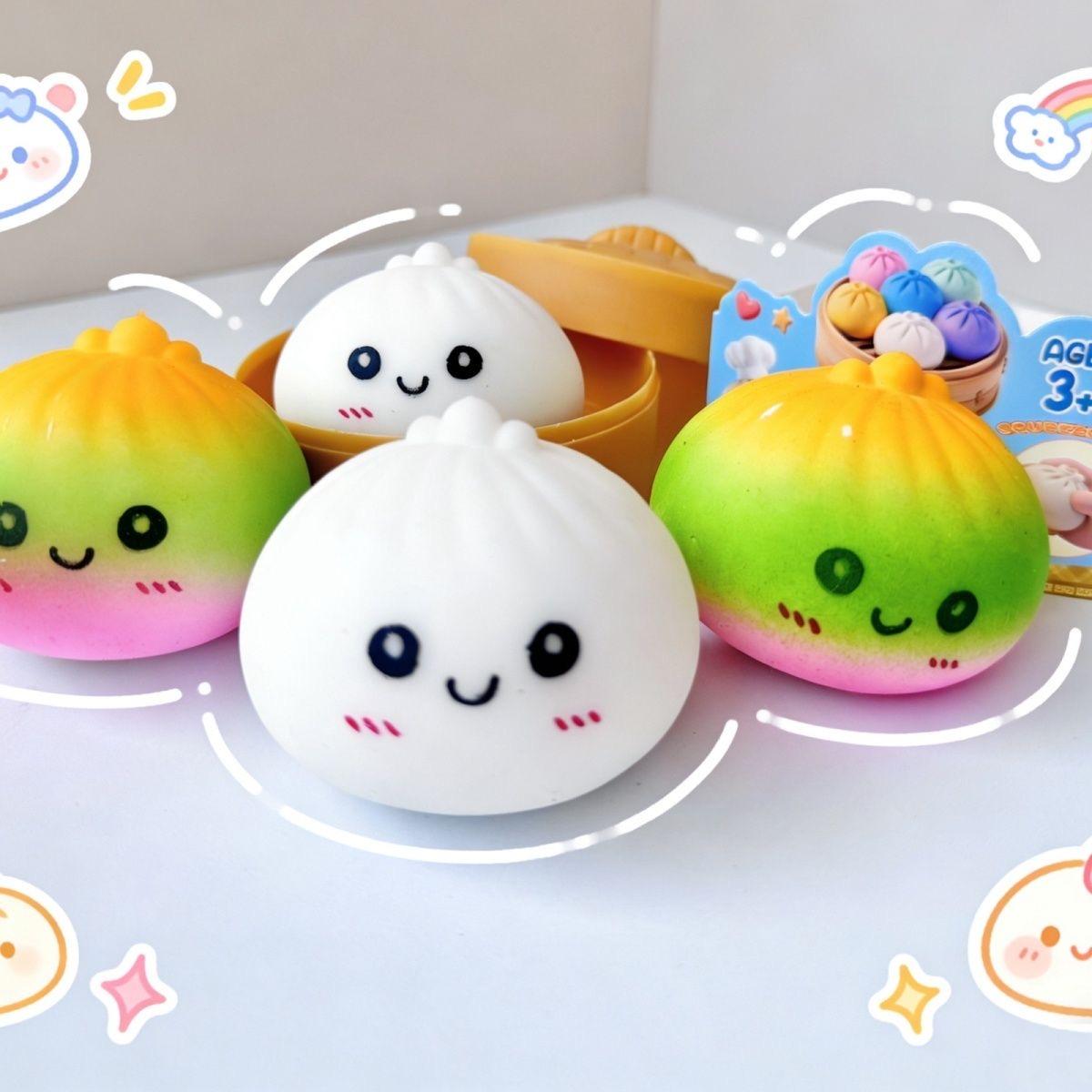 Colorful Smiling Dumpling Squishy Toy with Steamer – Soft TPR Stress Relief Fidget Toy for Kids & Adults, Cute Emoji Squeeze Ball with Steam Box, Ideal Birthday & Daily Gift