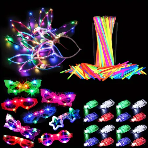 138 Pieces Glow-in-the-Dark Party Supplies Set (12 Glow Cups, 20 Finger Lights, 6 Glow Headbands, 100 Glow Sticks) for Graduation Parties, Concerts, Weddings, Birthdays, Holiday Parties Halloween Neon