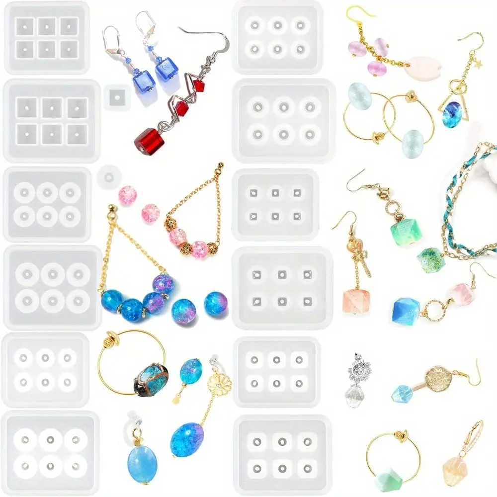 12Pcs Beaded Resin Molds with Hole, Silicone Epoxy Tool Kit for Gemstone Cabochon Pendant Earrings Casting, Jewelry Making Supplies for Crafts & DIY Jewelry Making