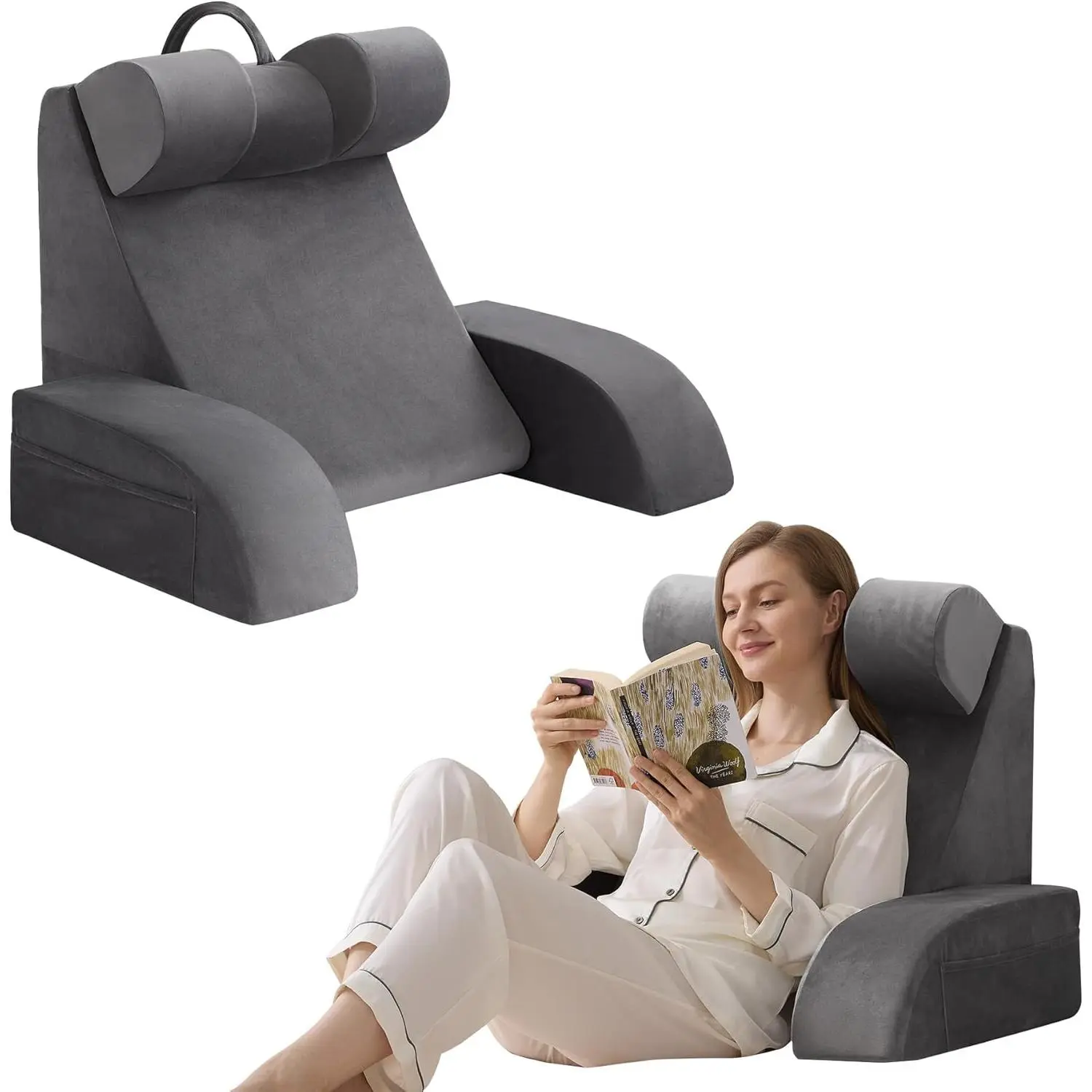 Reading Pillow for Sitting in Bed Adult,  Pillow for Bed Sitting up, Backrest Pillow with Arms,  Support Pillows for Gaming Lounging Watching TV, Medium 19" Grey