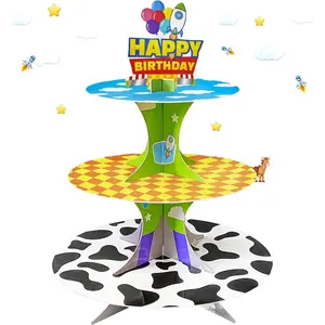 3-Tier Cartoon Story Cupcake Stand Cardboard Cake Stand Dessert Tower Holder for Toy Theme Birthday Decoration Baby Shower Party Supplies