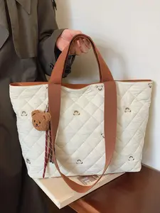 Women's Cute Bear Embroidered Quilted Tote Bag with Bear Charm, Large Capacity Shoulder Bag for Work & Daily Used, Casual Trendy Versatile High-quality Daily Commuting Bag, Puffy Tote Bag