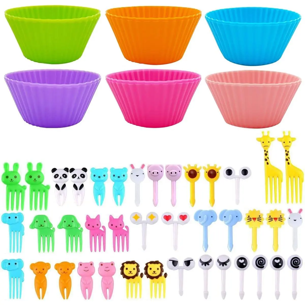 52-Piece Bento Box Accessories Kit - 12 Reusable Silicone Cupcake Liners & 40 Food Picks for Kids Lunch Box, Microwave Safe Baking Cups with Animal Fruit Picks (School, Party, Picnic)