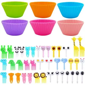 52-Piece Bento Box Accessories Kit - 12 Reusable Silicone Cupcake Liners & 40 Food Picks for Kids Lunch Box, Microwave Safe Baking Cups with Animal Fruit Picks (School, Party, Picnic)