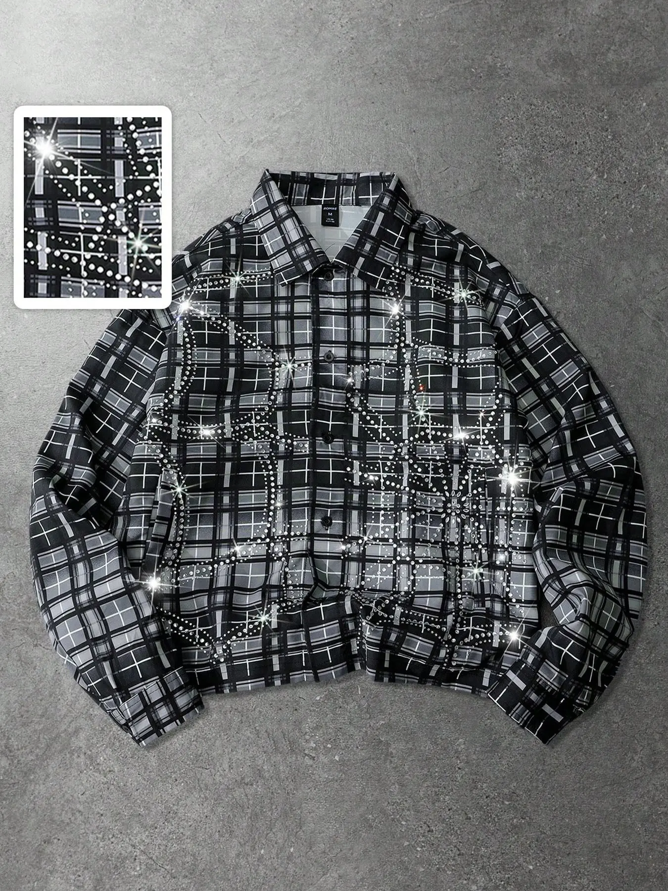 Sparkling Rhinestone Butterfly Plaid Shirt Top, Black And White Checkered Long Sleeve Button-Up, Y2K Casual Streetwear For Party And Daily Wear