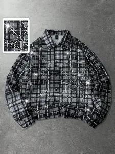 Sparkling Rhinestone Butterfly Plaid Shirt, Black And White Checkered Long Sleeve Button-Up, Y2K Casual Streetwear For Party And Daily Wear