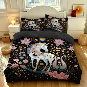 Boho Style Unicorn Pattern Bedding Set for Teenagers, 3-Piece Twin Size, Warm All Seasons, Includes 1*Quilt Cover and 2*Pillowcase, Ideal for College Dorms