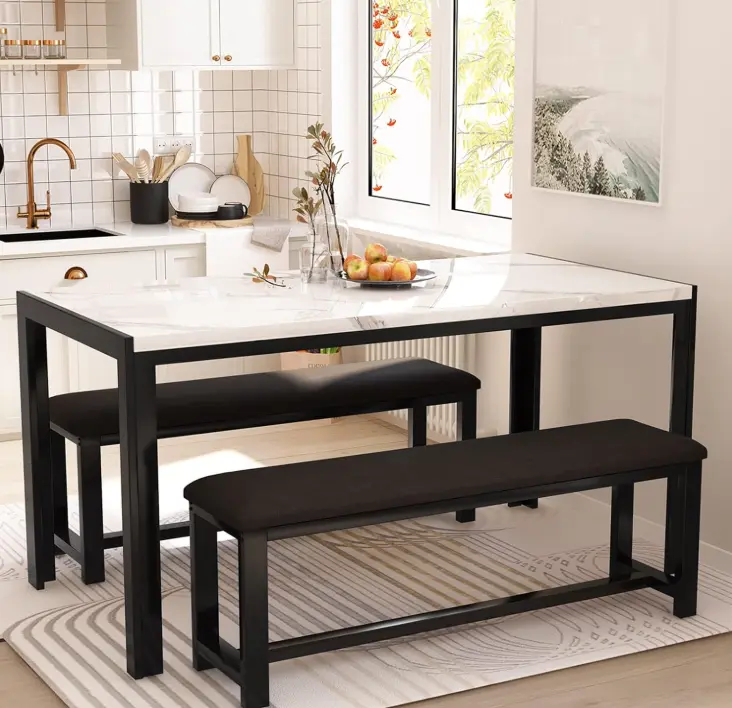 Hooseng Dining Room Table Set with 2 Benches, Dining Table Set for 4-6, Dinner Table Set for 4, Faux Marble Breakfast Table Set & PU Leather Upholstered Benches for Small Spaces, Apartment, White,sohochic