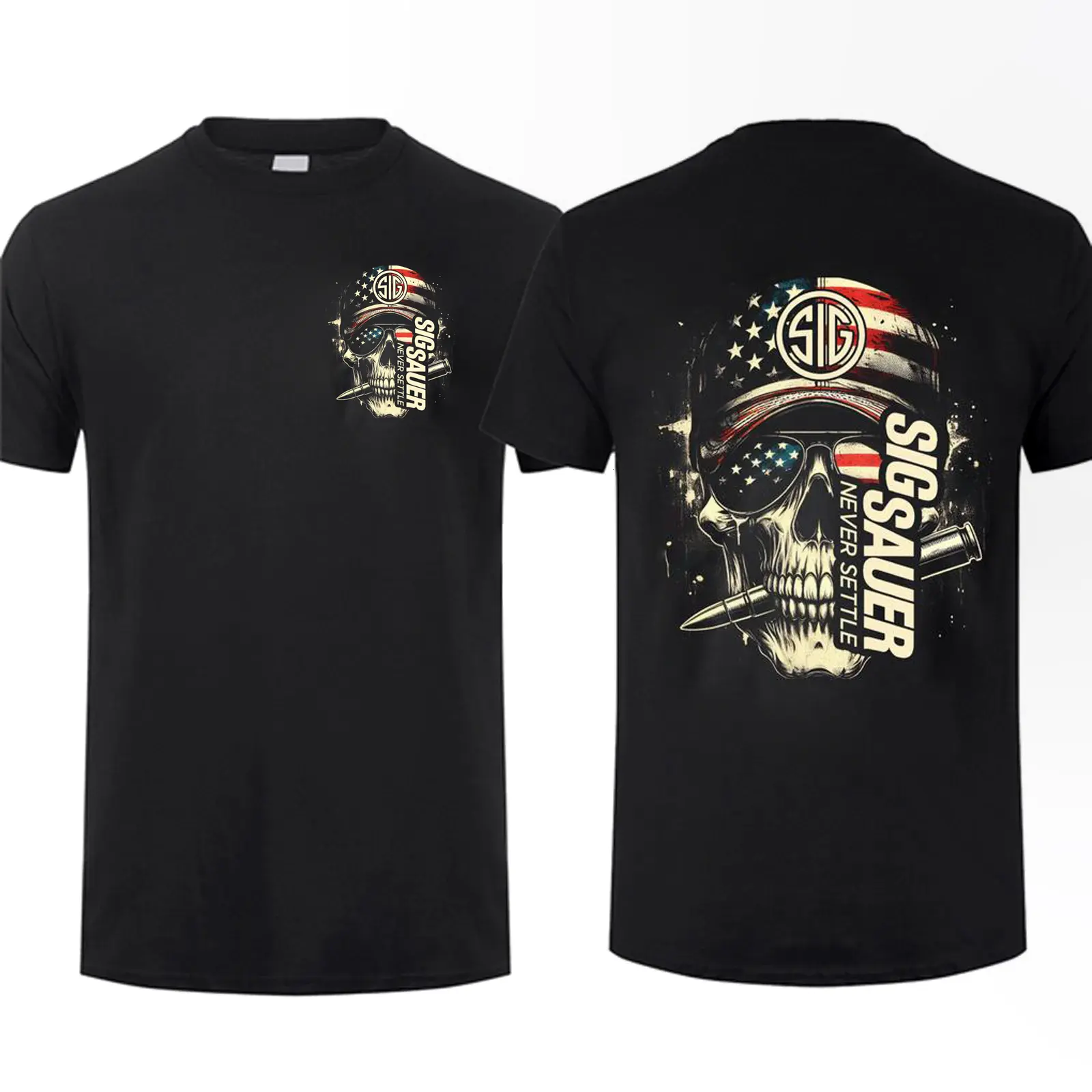 Sig Sauer American Skull Flag 2 Sided T-Shirt, Unisex Short Sleeve Casual  Cotton, Top Menswear, Tactical Gear, Gun Lover
