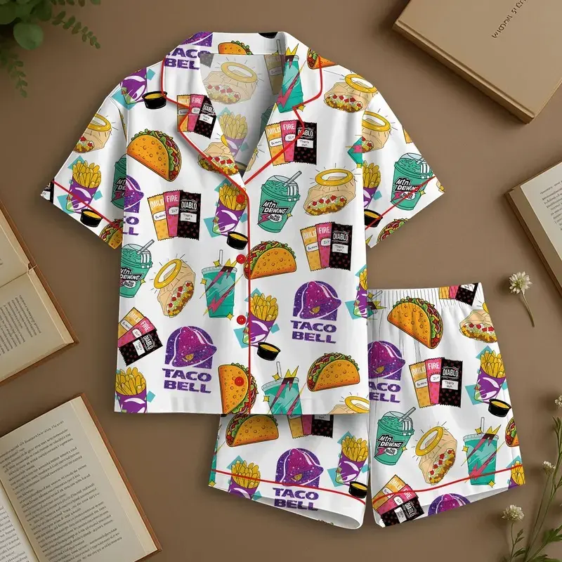 Taco Bell Inspired Satin Pajama Set for Women – Fast Food Print Silky Sleepwear and Lounge Shorts