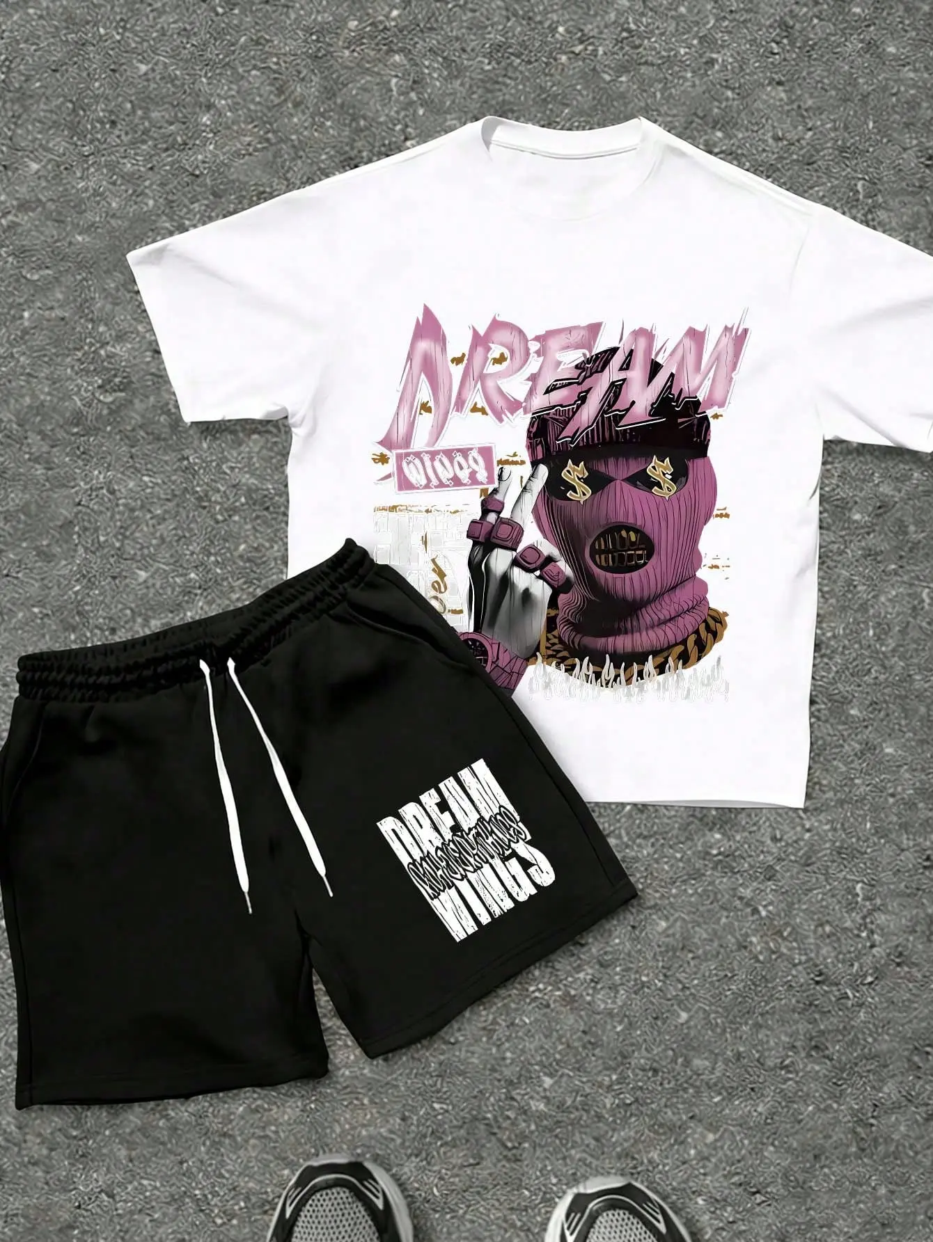 Cotton Men Y2K Streetwear DREAM WINGS Letter & Pink Ski Mask Print Grey Graphic Tee & Black Short Set, Casual 2 Piece Outfit Casual T-Shirt And Drawstring Waist Shorts Set Y2K Style Fashion Pattern Oversized Casual Streetwear Outfit, Summer Daily Wear