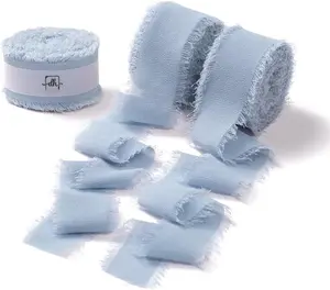 Dusty Blue Chiffon Ribbon for Flower Bouquet, 1" x21Yd Fabric Ribbon for  Wrapping,  Frayed Ribbon for Wedding Invitations/Christmas Decorations