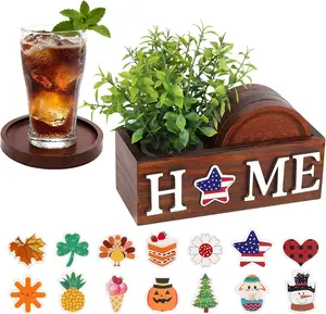 4 Pcs Wood Coasters for Drinks with Holder, Interchangeable Home Sign Green Plants Potted Wooden Coaster Set, for Farmhouse Office Bar Drink Coffee Coasters Table Decor. PurpleSwan