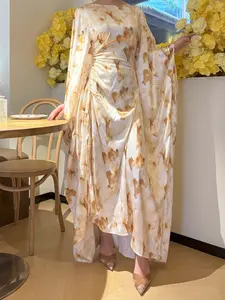 Elegant Luxury Warm Color Drawstring Waist Gentle Seductive Party Casual Women's Maxi Abaya Dress, One Piece Long Robe for Ladies