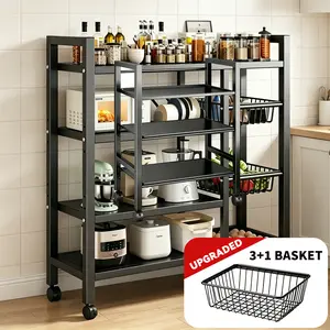 Vegetable Storage Rack 、Tool storage rack – Metal construction featuring adjustable shelves and storage baskets; suitable for laundry rooms, bathrooms, kitchens, and pantries