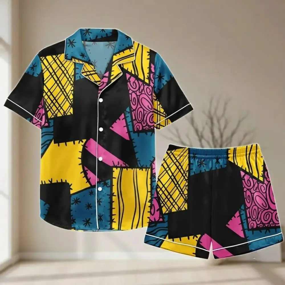 Sally Satin Pajama Set, Colorful Patchwork Stitched Halloween Inspired Short Sleeve Sleepwear, Gift for Movie Fans