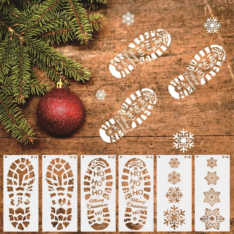6pcs Christmas Themed Plastic Stencil Set - DIY Art & Decorating Templates for Santa Claus Footprints, Snowflakes, Festive Home Decor