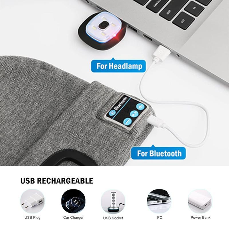Three-in-one Functional Bluetooth Knitted Hat with 6 LED Lights USB Charging Removable LED Module & Speakers for Versatile Use
