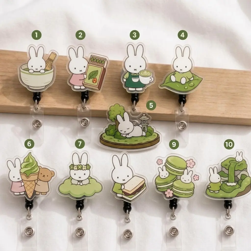 Cute Matcha Bunny Badge Reel Kawaii Green Rabbit Nurse ID Holder Teacher Gift