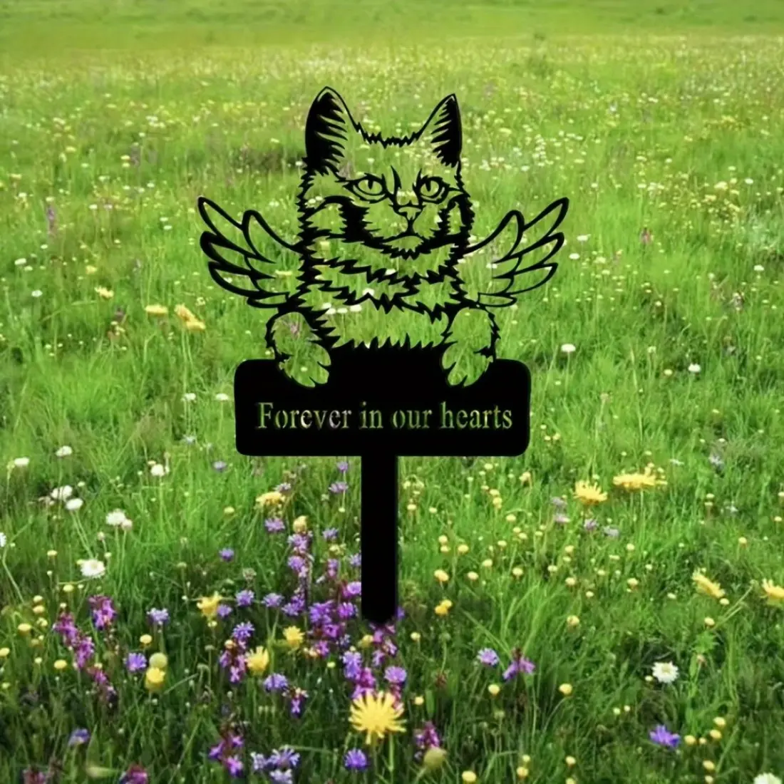 One-piece elegant black metal Angora cat memorial stake. Serves as a pet grave marker, sympathy sign, and exquisite remembrance decor for your beloved pet.Decorative hanging ornaments